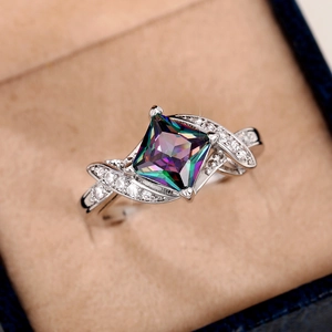 Square rainbow zircon ring with silver-colored setting and side diamond accents