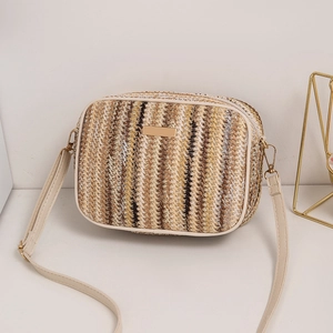 Striped straw woven shoulder bag with adjustable leather strap and golden metal plate