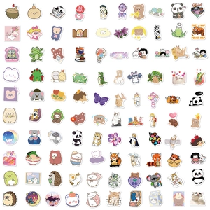 Detail view of 100 cute waterproof DIY stickers with cartoon animals and floral patterns