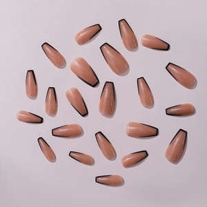 Glossy nude pink coffin false nails with elegant black French tips in various sizes