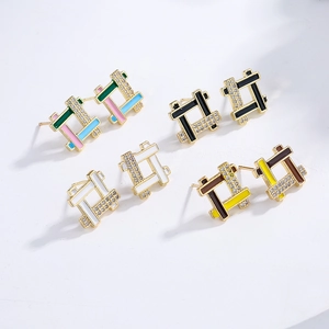 Geometric Stud Earrings 18K Gold Plated Copper With Zircon Enamel Chic Jewelry For Women Niche Design