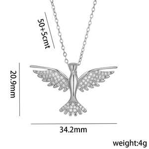 Silver phoenix bird pendant necklace with clear crystals and dimensions displayed