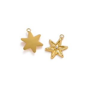 Detail of gold star pendants featuring a polished mirror finish and a sunburst texture with zircon