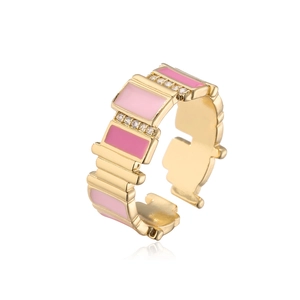 Macro view of gold adjustable ring featuring pink gradient enamel and zircon accents