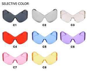 Matrix display of rimless Y2K butterfly sunglasses in eight vibrant color variations