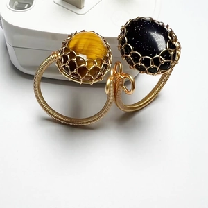 Handmade 14K gold filled tiger eye and sandstone wrap rings in bohemian style