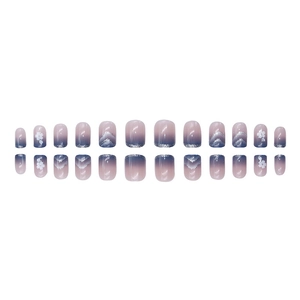Blue and purple gradient press-on nails with white flowers and silver glitter finish