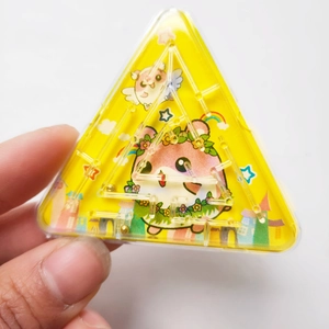 Triangle yellow plastic marble maze puzzle toy with cartoon pattern and metal ball