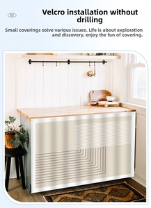 Detail of dustproof cabinet curtain with geometric pattern and adhesive velcro strap
