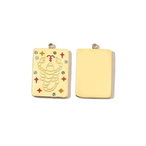 Detail of 14K gold plated Scorpio pendant with colorful star enamel and crystals