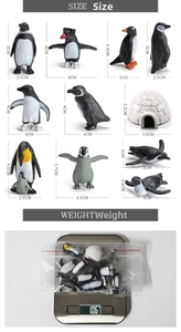 Size specifications for 11 realistic penguin figurines and total weight of 106g