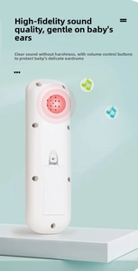 Detail of baby toy remote with speaker, volume control and secure battery compartment