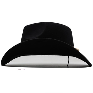 Detailed close-up of a black wool felt fedora featuring a decorative gold metal chain