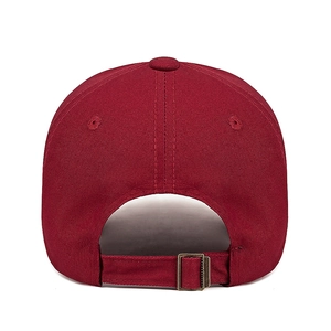 Deep red cotton baseball cap with adjustable metal buckle back on a white background