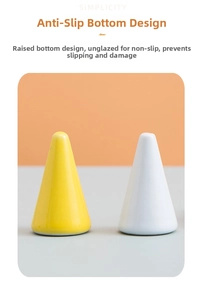 Detailed view of non-slip ceramic cone ring stands in bright yellow and white finishes