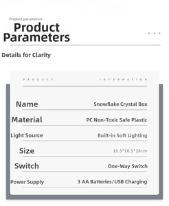 Detailed specification chart for Christmas music snow globe showing size and USB power options
