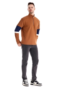 Full view of men's polo sweatshirt with caramel brown body and navy blue sleeve panels