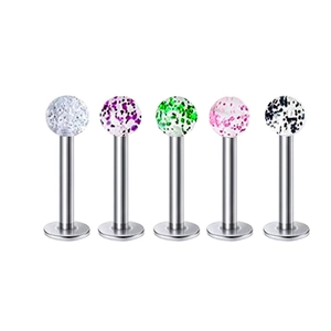 Set of five stainless steel labret studs with colorful speckled acrylic bead tops