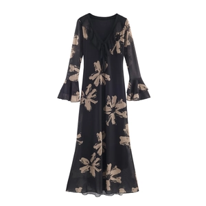 Women V Neck Maxi Dress Long Sleeve Floral Print Ruffle Bodycon Bow Tie Elegant Mesh Polyester
