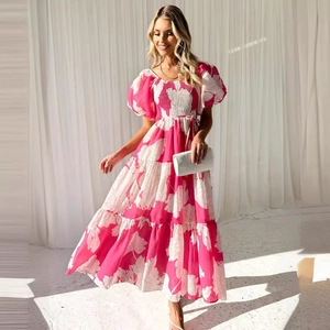 Elegant floral off-shoulder maxi dress with puff sleeves in fuchsia and white print