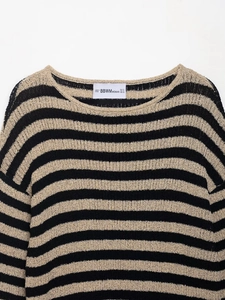Détail du tissu en maille rayée noir et jaune avec texture côtelée et col rond classique
