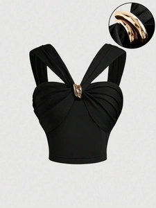 Black Ruched Tank Top With Gold Metal Buckle Cross Strap Slim Fit Polyester Sexy Crop Cami Chic Women Sleeveless