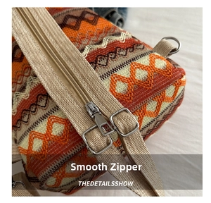 Detailed view of smooth metal zipper and ethnic woven geometric pattern on a fabric bag