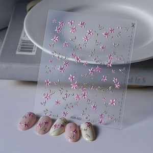 Detail of 5D embossed pink floral nail stickers FEB-502 with 3D texture and petals