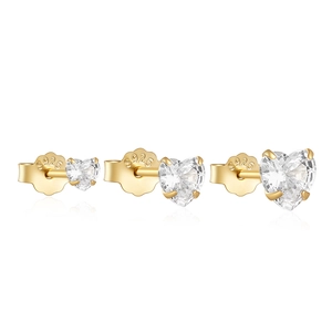 Macro shot of three S925 silver heart stud earrings with cubic zirconia in gold plating