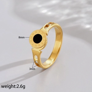 Detailed view of gold ring with Roman numerals and dimensions showing 8mm dial width