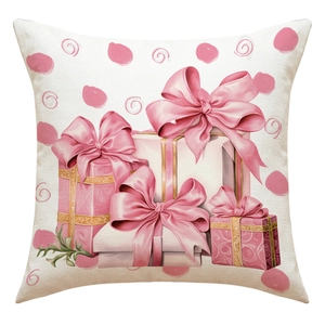 Housse de coussin de Noël en lin avec motifs de boîtes cadeaux roses et gros nœuds