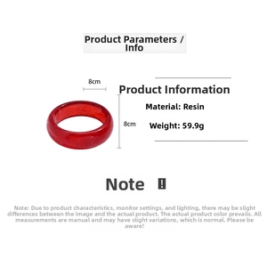 Detail showing red resin round bangle with marble texture and 8cm diameter specs