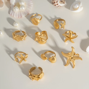 Ensemble de bagues réglables en forme d'étoile de mer et de coquillage dorés