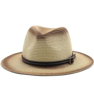 Classic sun straw fedora hat with gradient brown finish and buckled leather band