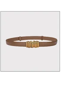 Detailed view of brown leather belt with vintage golden buckle and ribbed design