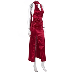 Detail of burgundy satin dress showing cowl neck design and side ruched slit detail