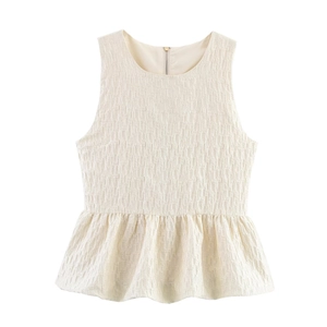 Haut à basque sans manches pour femme en blanc cassé avec tissu jacquard texturé et zip