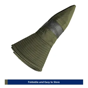 Detailed view of foldable military green sun hat featuring breathable side mesh panels