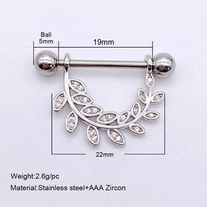 U-shaped stainless steel nipple ring with AAA zircon leaf pendant and size dimensions