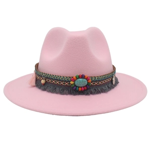 Pink western fedora with turquoise gemstone, ethnic woven band and fringe detail