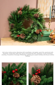 Close-up of artificial pine needles, natural pine cones and red berries on a Christmas wreath