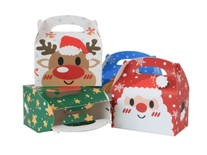 Detail of colorful Christmas gift boxes with handles in Santa and reindeer patterns