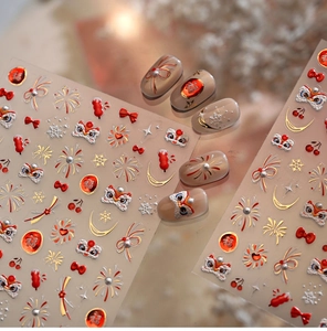 Detailed 3D embossed nail stickers featuring festive Chinese lion and firework designs