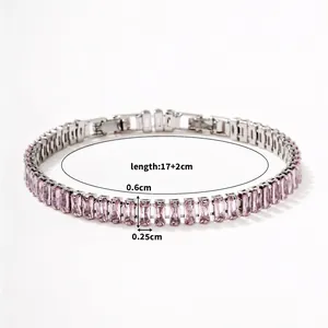 Detail of pink zircon tennis bracelet showing 17+2cm length and 8.1g weight specs
