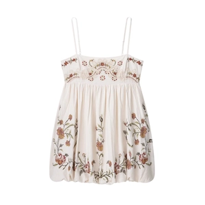 Women Boho Mini Dress Floral Embroidery Camisole Straps Cream Sleeveless U-Neck Elegant Summer