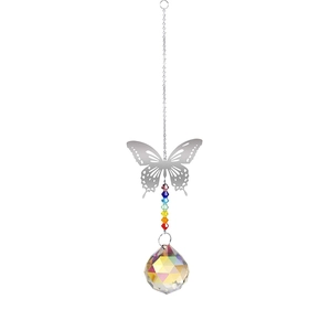Silver butterfly crystal suncatcher with colorful beads and faceted prism ball
