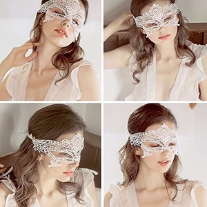 Detail view of white bronzing lace masquerade eye mask worn by a model from four angles