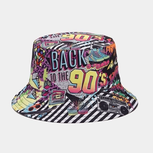 Detailed macro of colorful 90s graffiti print on high-quality fabric bucket hat