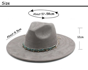 Detailed size guide for grey wide-brim felt fedora hat with ethnic beaded band details