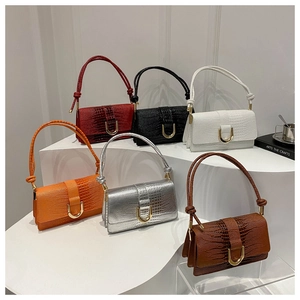 Crocodile Pattern PU Leather Shoulder Bag Gold U-Shaped Buckle Knotted Strap Small Square Flap Crossbody Bag For Women